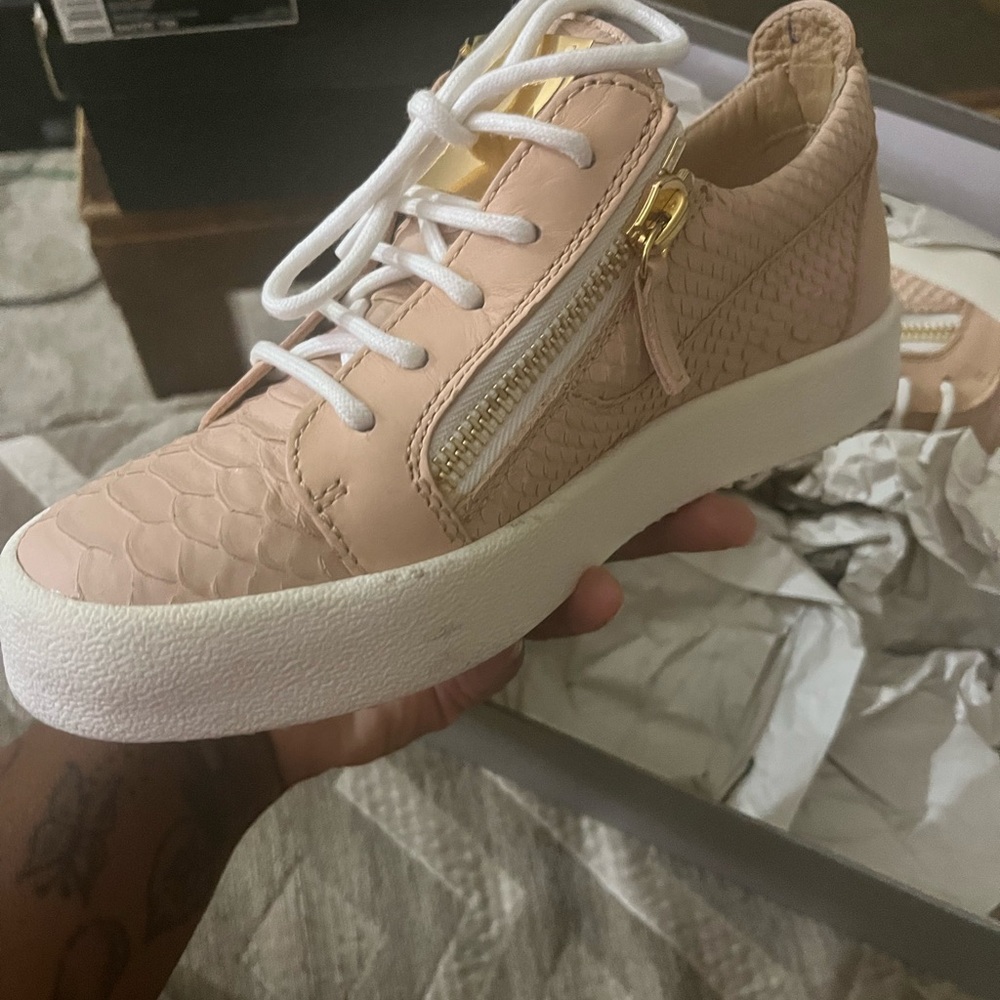 Pink And White Python Embossed Leather Sneaker - image 4